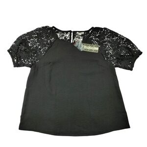 Ultra Pink Womens Dark Grey Lace Short Sleeve Blouse Top‎ Size M